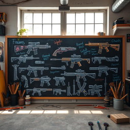 A creative scene featuring artistic and dynamic elements of chalk (گچ) and firearms (اسلحه)