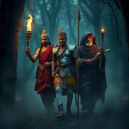 A very clear ultra HD image of Maharaja Vikram Singh, a brave warrior named Arjun, and a wise scholar, Pandit Chanakya, stepping into a dense, fog-covered forest