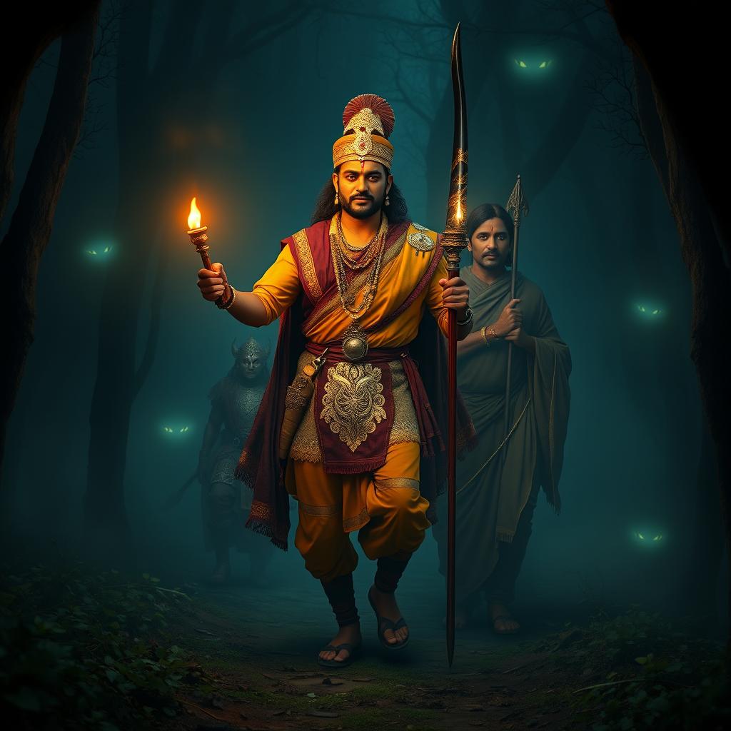 A very clear ultra HD image of Maharaja Vikram Singh, a brave warrior named Arjun, and a wise scholar, Pandit Chanakya, stepping into a dense, fog-covered forest
