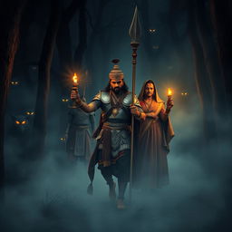 A very clear ultra HD image of Maharaja Vikram Singh, a brave warrior named Arjun, and a wise scholar, Pandit Chanakya, stepping into a dense, fog-covered forest