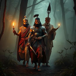 A very clear ultra HD image of Maharaja Vikram Singh, a brave warrior named Arjun, and a wise scholar, Pandit Chanakya, stepping into a dense, fog-covered forest