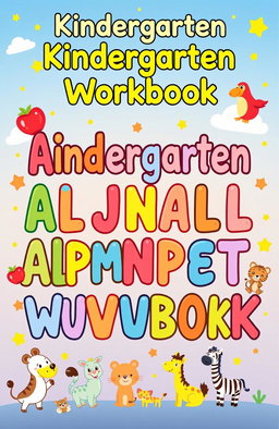 A colorful and engaging kindergarten alphabet workbook cover featuring the entire alphabet in fun and playful fonts
