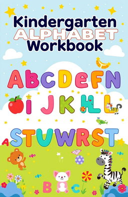 A colorful and engaging kindergarten alphabet workbook cover featuring the entire alphabet in fun and playful fonts