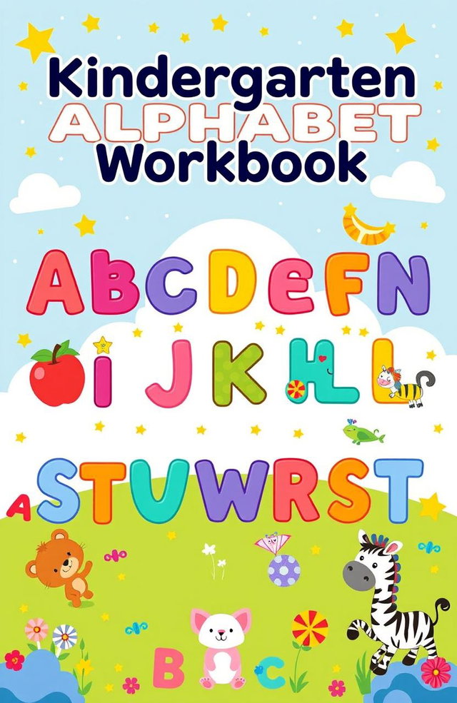 A colorful and engaging kindergarten alphabet workbook cover featuring the entire alphabet in fun and playful fonts