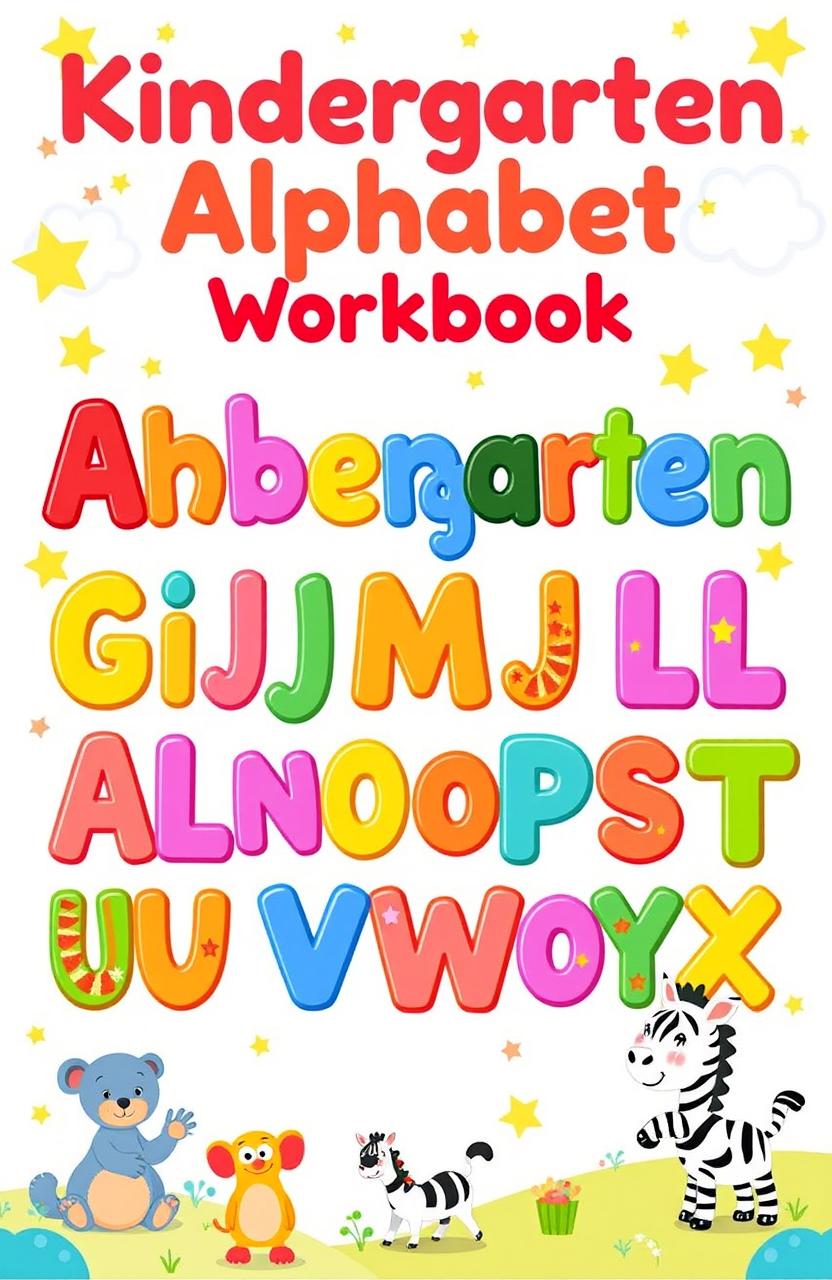 A colorful and engaging kindergarten alphabet workbook cover featuring the entire alphabet in fun and playful fonts