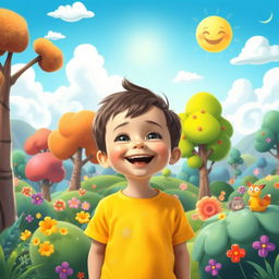 A cheerful child standing in front of a vibrant, animated landscape, filled with whimsical elements