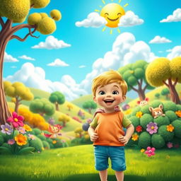 A cheerful child standing in front of a vibrant, animated landscape, filled with whimsical elements
