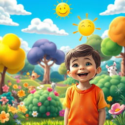 A cheerful child standing in front of a vibrant, animated landscape, filled with whimsical elements