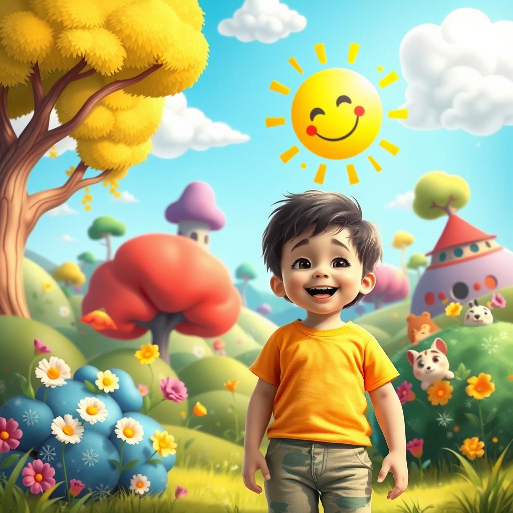 A cheerful child standing in front of a vibrant, animated landscape, filled with whimsical elements