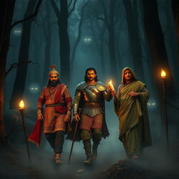 A very clear ultra HD dynamic image of Maharaja Vikram Singh, a brave warrior named Arjun, and a wise scholar, Pandit Chanakya, stepping into a dense, fog-covered forest