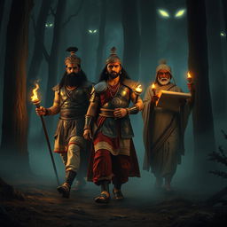 A very clear ultra HD dynamic image of Maharaja Vikram Singh, a brave warrior named Arjun, and a wise scholar, Pandit Chanakya, stepping into a dense, fog-covered forest