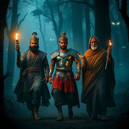A very clear ultra HD dynamic image of Maharaja Vikram Singh, a brave warrior named Arjun, and a wise scholar, Pandit Chanakya, stepping into a dense, fog-covered forest
