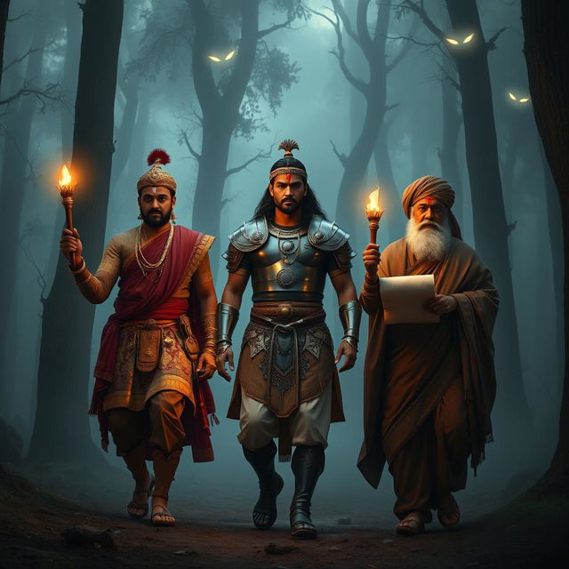 A very clear ultra HD dynamic image of Maharaja Vikram Singh, a brave warrior named Arjun, and a wise scholar, Pandit Chanakya, stepping into a dense, fog-covered forest