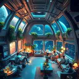 A futuristic scene depicting humans living inside a spacious and high-tech spaceship, showcasing advanced technology, comfortable living quarters, and lush vertical gardens