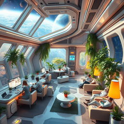 A futuristic scene depicting humans living inside a spacious and high-tech spaceship, showcasing advanced technology, comfortable living quarters, and lush vertical gardens