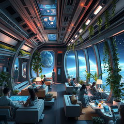 A futuristic scene depicting humans living inside a spacious and high-tech spaceship, showcasing advanced technology, comfortable living quarters, and lush vertical gardens