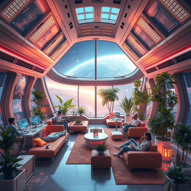 A futuristic scene depicting humans living inside a spacious and high-tech spaceship, showcasing advanced technology, comfortable living quarters, and lush vertical gardens