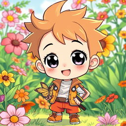 A charming anime-style illustration of a young boy with big expressive eyes and spiky hair, exuding a cheerful vibe