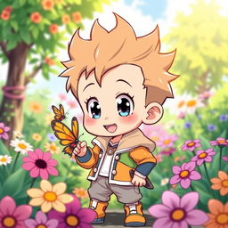 A charming anime-style illustration of a young boy with big expressive eyes and spiky hair, exuding a cheerful vibe