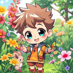 A charming anime-style illustration of a young boy with big expressive eyes and spiky hair, exuding a cheerful vibe