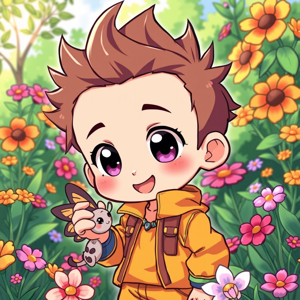 A charming anime-style illustration of a young boy with big expressive eyes and spiky hair, exuding a cheerful vibe