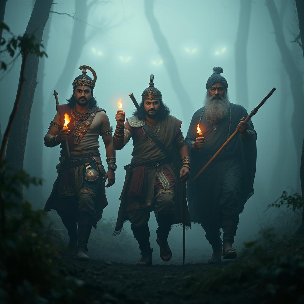 A very clear ultra HD dynamic image of Maharaja Vikram Singh, a brave warrior named Arjun, and a wise scholar, Pandit Chanakya, stepping into a dense, fog-covered forest
