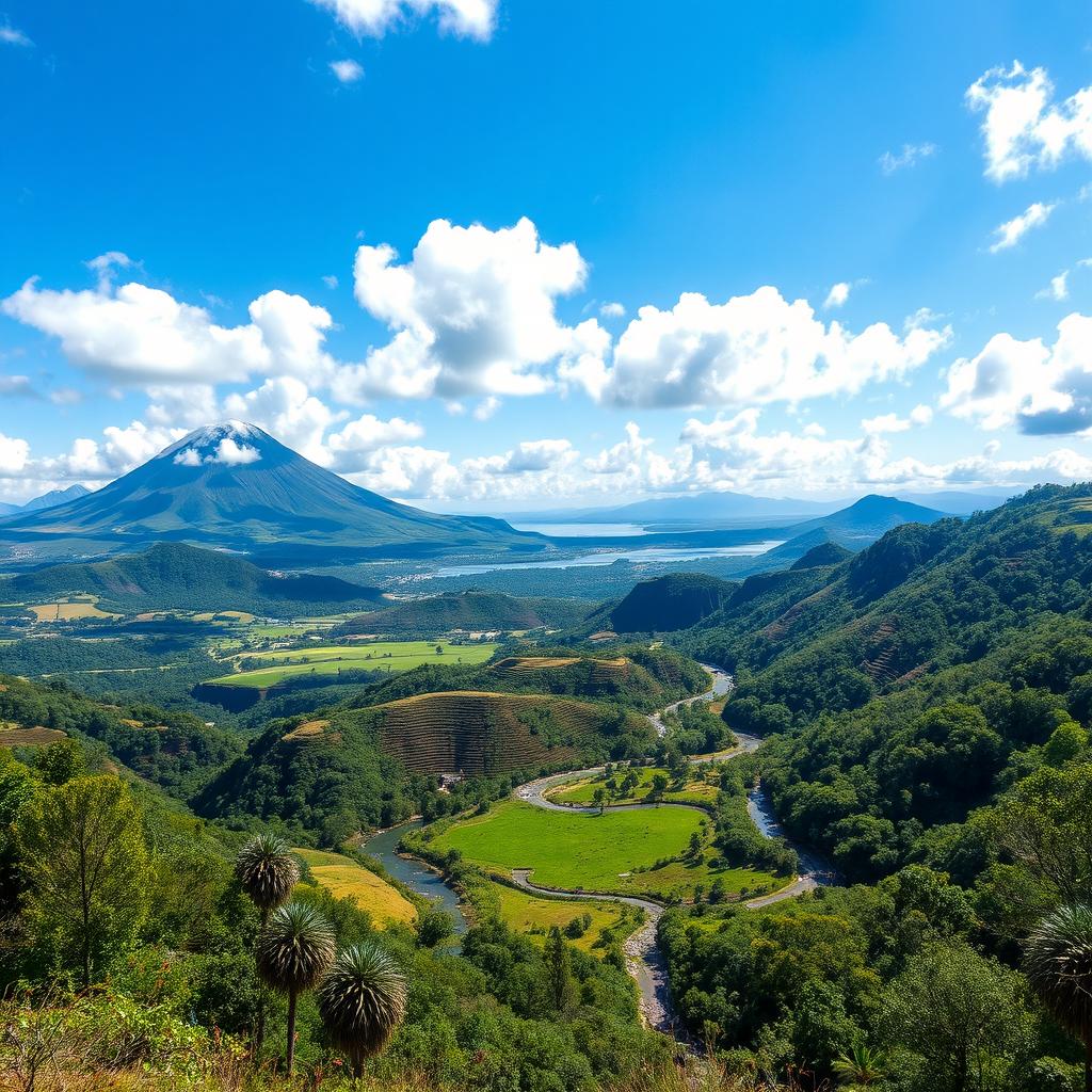 A stunning landscape of Ecuador featuring diverse ecosystems including majestic mountains, lush rainforests, and scenic coastlines