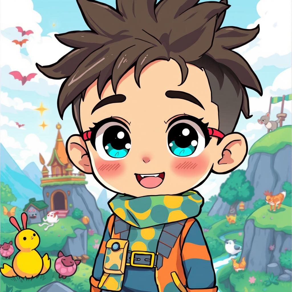 A delightful anime-style illustration of a young boy with large sparkling eyes and messy hair, embodying a playful and adventurous spirit