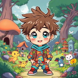 A delightful anime-style illustration of a young boy with large sparkling eyes and messy hair, embodying a playful and adventurous spirit