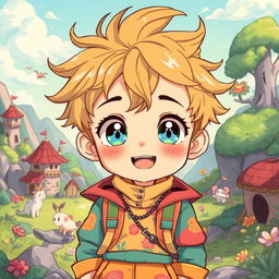 A delightful anime-style illustration of a young boy with large sparkling eyes and messy hair, embodying a playful and adventurous spirit