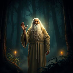 A wise-looking sage with a long, flowing white beard and simple, earth-toned robes stands amidst a glowing aura in a dark, mystical forest