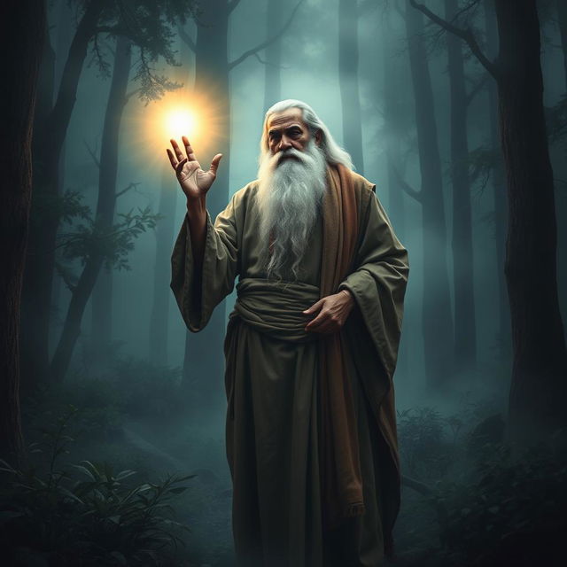 A wise-looking sage with a long, flowing white beard and simple, earth-toned robes stands amidst a glowing aura in a dark, mystical forest