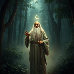 A wise-looking sage with a long, flowing white beard and simple, earth-toned robes stands amidst a glowing aura in a dark, mystical forest