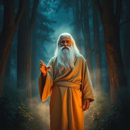 A wise-looking sage with a long, flowing white beard and simple, earth-toned robes stands amidst a glowing aura in a dark, mystical forest