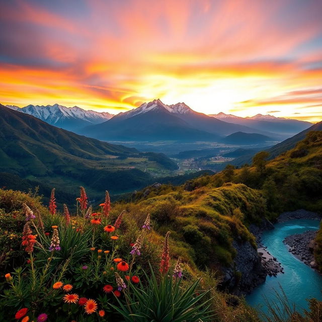 An extraordinarily beautiful landscape of Ecuador, featuring breathtaking views of the Andes mountains, with their snow-capped peaks and lush green valleys below
