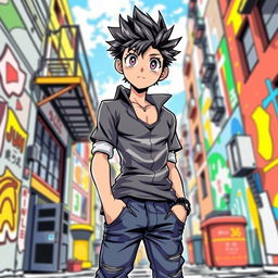 A vibrant and dynamic illustration of a manga-style anime boy with striking features, large expressive eyes, and stylish hair