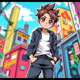 A vibrant and dynamic illustration of a manga-style anime boy with striking features, large expressive eyes, and stylish hair