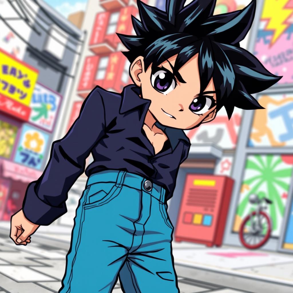 A vibrant and dynamic illustration of a manga-style anime boy with striking features, large expressive eyes, and stylish hair