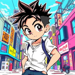 A vibrant and dynamic illustration of a manga-style anime boy with striking features, large expressive eyes, and stylish hair