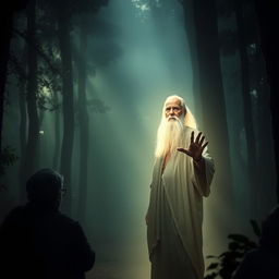 An old, wise-looking sage with a flowing white beard and simple robes appears amidst a glowing aura in a dark forest