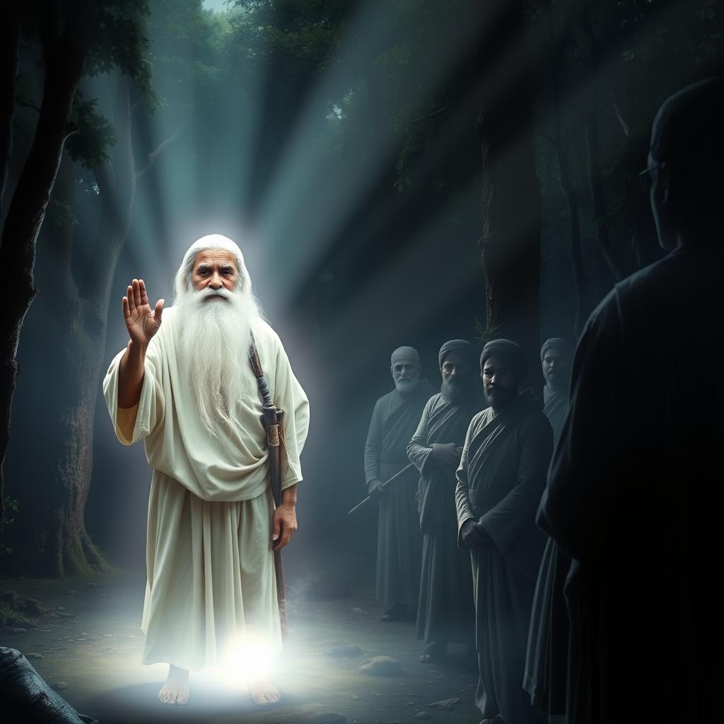 An old, wise-looking sage with a flowing white beard and simple robes appears amidst a glowing aura in a dark forest