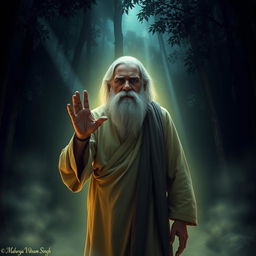 An old, wise-looking sage with a flowing white beard and simple robes appears amidst a glowing aura in a dark forest