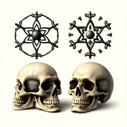 An artistic representation of four new symbols of Pasteur, each uniquely designed, creatively intertwined with human skulls