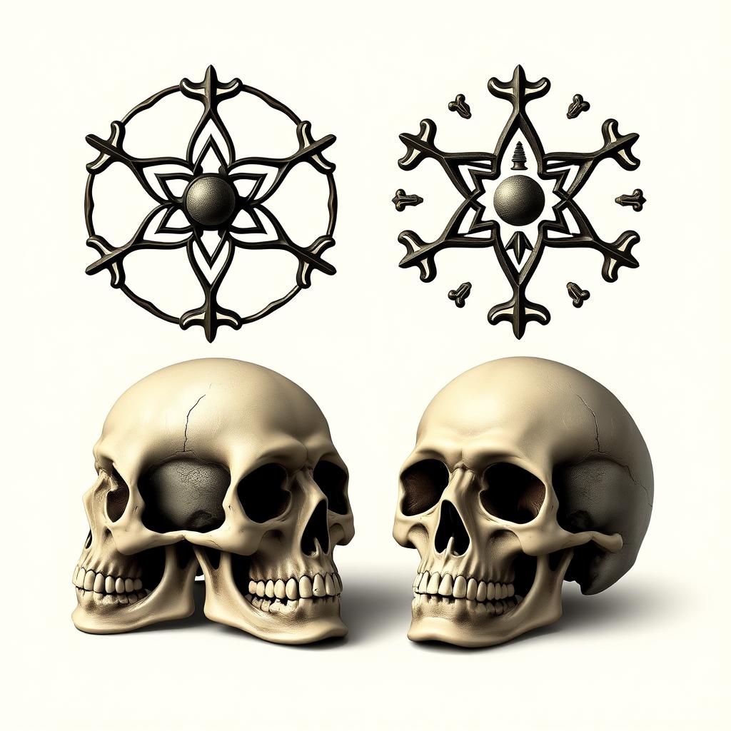 An artistic representation of four new symbols of Pasteur, each uniquely designed, creatively intertwined with human skulls