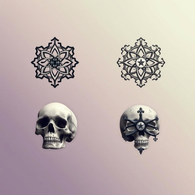 An artistic representation of four new symbols of Pasteur, each uniquely designed, creatively intertwined with human skulls