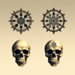 An artistic representation of four new symbols of Pasteur, each uniquely designed, creatively intertwined with human skulls