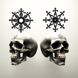 An artistic representation of four new symbols of Pasteur, each uniquely designed, creatively intertwined with human skulls