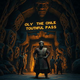 A mysterious cave entrance covered with intricate ancient carvings and glowing inscriptions that read, 'Only the truthful shall pass