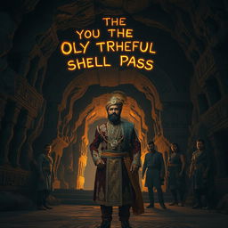 A mysterious cave entrance covered with intricate ancient carvings and glowing inscriptions that read, 'Only the truthful shall pass
