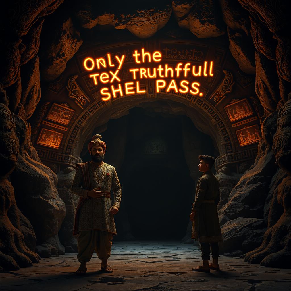 A mysterious cave entrance covered with intricate ancient carvings and glowing inscriptions that read, 'Only the truthful shall pass